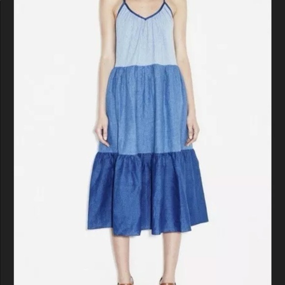 M.i.h. Jeans Blue Chambray Colorblock Sunset Three Tiered Sundress - Picture 3 of 10